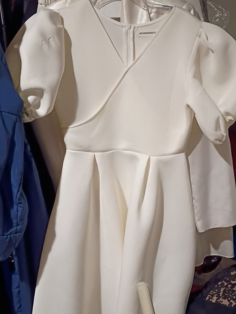White Puff-Sleeve Midi Dress with V-Neck Detailing
